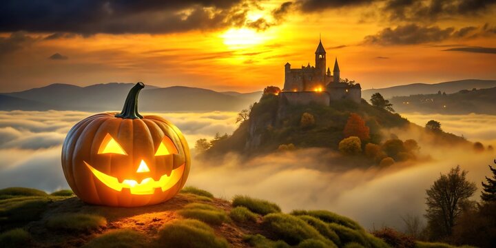 Glowing jack-o'-lantern smiles before a misty mountain castle at sunset for Halloween vibes - Powered by Adobe