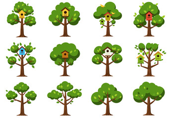Fototapeta premium Twelve stylized trees display birdhouses in a playful cartoonish manner