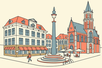 Obraz premium Understand the architecture of Dutch town squares in the Netherlands with cafes, fountains, and historic buildings in modern flat illustration style.