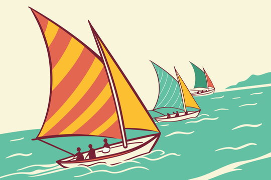Vinta regatta in the Philippines with multicolored sails racing across turquoise seas, modern flat illustration style