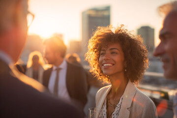 Smiling woman attends rooftop party at sunset.  Image is useful for marketing, web design, and editorial use.