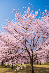 Naklejka premium Vibrant Pink Cherry Blossom Trees in Full Bloom Under a Clear Blue Sky in a Sunny Park