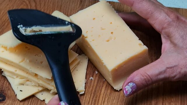 Preparing slices of cheese with a cheese slicer in a kitchen setting while showcasing the texture and color of the cheese