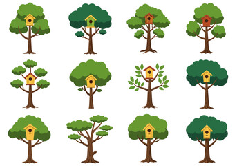 Fototapeta premium Twelve trees each bearing a distinct birdhouse are arranged in a grid on a white background