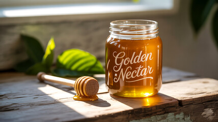 Golden honey jar with dipper, sunlit wood, rustic green backdrop