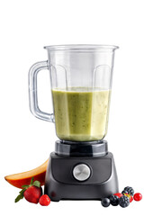 Vibrant Green Smoothie in a Modern Blender Surrounded by Fresh Berries, Mango, and Strawberries, Isolated on White Background, Ideal for Healthy Eating, Nutrition, and Kitchen Appliance Themes