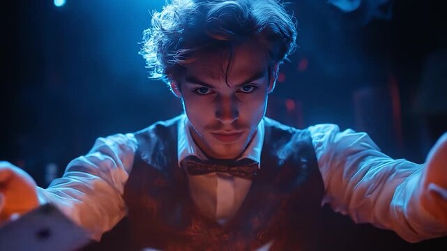 Magician performing magic trick with dark room.