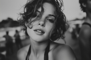 Black and White Beach Portrait of a Young Woman
