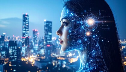 Cyborg woman gazes over futuristic cityscape