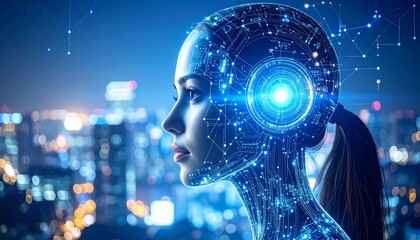 Cybernetic woman gazes over illuminated city