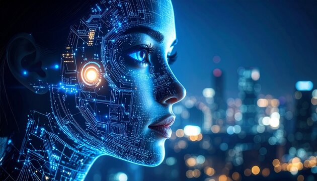 Cybernetic humanoid gazes over luminous city - Powered by Adobe