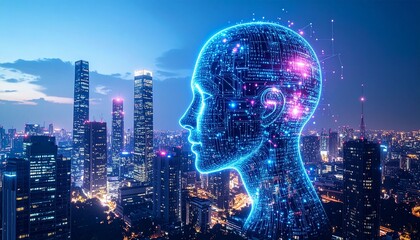 AI head over futuristic city skyline at night