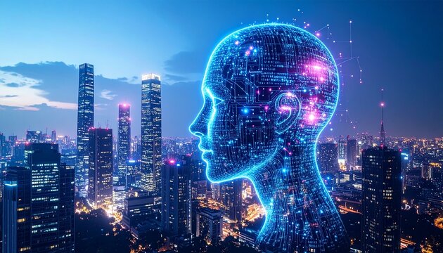 AI head over futuristic city skyline at night
