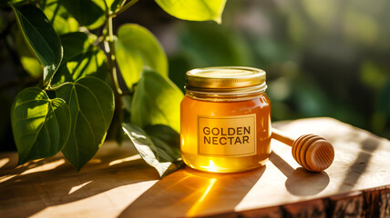 Golden honey jar with dipper, sunlit wood, rustic green backdrop
