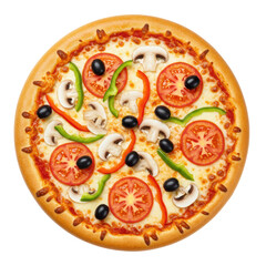 Perfectly round Italian pizza with fresh mushrooms, black olives, red and green bell peppers, tomato, crispy golden crust, bubbly mozzarella, top-down on transparent background, bright shadowless
