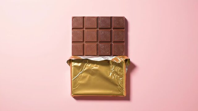 Partially unwrapped milk chocolate bar atop a gold foil wrapper against a pale pink backdrop