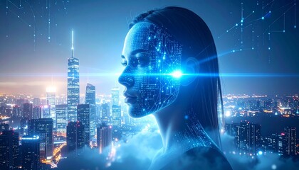 Digital visage overlooks a futuristic metropolis