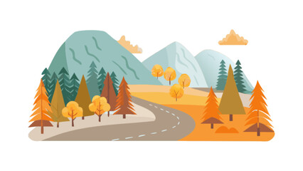 An autumn landscape with colorful trees and mountains creates a scenic view of the countryside