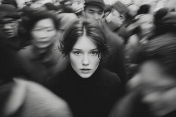 Lonely and Little Scared Woman Standing Still in a Crowd – Black and White Motion Blur Concept of Isolation