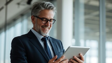 Experienced businessman in suit and glasses smiling while looking at a tablet device
