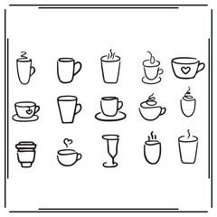 Set of 16 Coffee and Tea Cup Icons: Hot Beverage Mugs, Steaming Cups, Espresso, Latte, Coffee Cup, and Drinkware Illustrations for Café, Lifestyle, and Design Projects