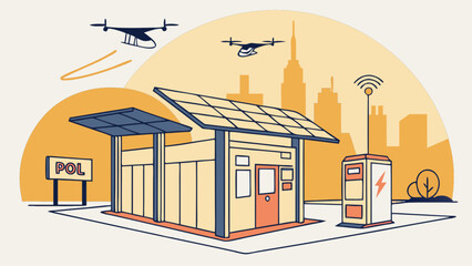 A futuristic solar energy station in an urban setting, powering drones and electric vehicles with clean, renewable energy, symbolizing sustainable innovation and smart city infrastructure