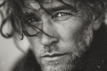 Black and White Portrait of a Man in the Wind