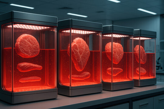 Four containers of lab-grown meat in a laboratory setting. The meat is submerged in a red liquid, showcasing various shapes and sizes of synthetic meat.