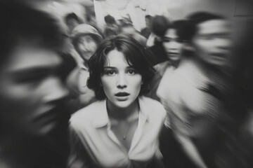 Lonely and Little Scared Woman Standing Still in a Crowd – Black and White Motion Blur Concept of Isolation
