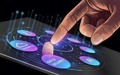 Finger touching digital interface with cloud computing and data security icons technology