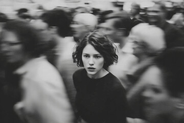 Lonely and Little Scared Woman Standing Still in a Crowd – Black and White Motion Blur Concept of Isolation
