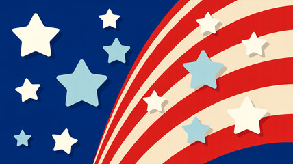 Patriotic blue background, swirling red-white stripes, scattered stars, central star