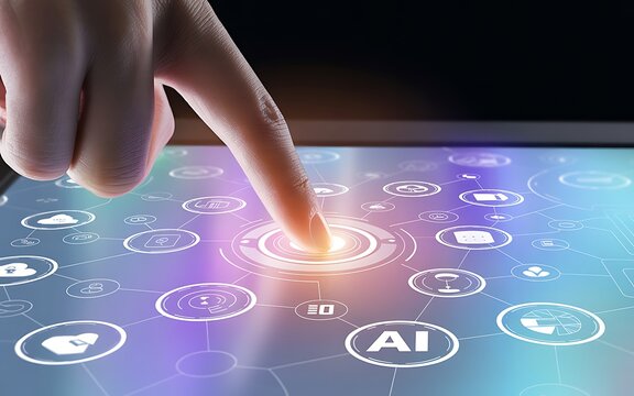 Finger touching glowing digital interface with A I and network icons screen - Powered by Adobe
