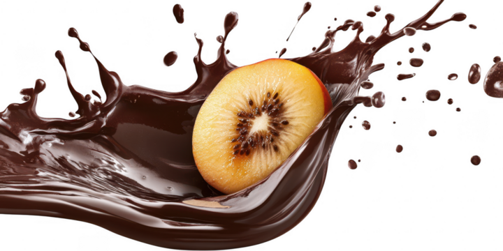 Kiwi slice with chocolate splash on transparent png background