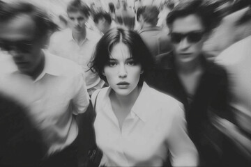 Lonely and Little Scared Woman Standing Still in a Crowd – Black and White Motion Blur Concept of Isolation