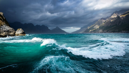 raging waves in a turquoise sea against dramatic mountains under a stormy sky