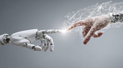 Artificial intelligence visual as human and robotic fingers touch, energy spark glowing, symbolizing big data, machine learning, digital technology, and innovation in futuristic robotic science.