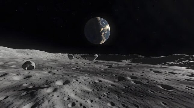 A stunning view of Earth from the lunar surface, showcasing the moon's rugged terrain against the backdrop of space.