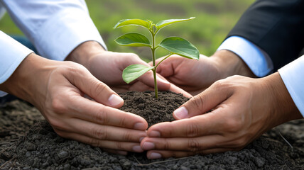 Two suited hands nurture green seedling together, symbolizing growth and collaboration