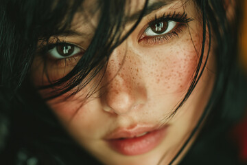 Expressive Close-Up Portrait of Asian Woman with Freckles and Dark Hair