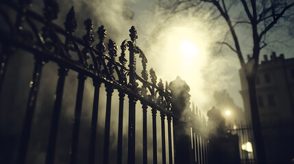 Ornate metal fence at night, shrouded in fog.  Streetlights are visible in the background.