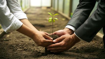 Two suited hands nurture green seedling together, symbolizing growth and collaboration