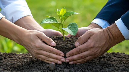 Two suited hands nurture green seedling together, symbolizing growth and collaboration