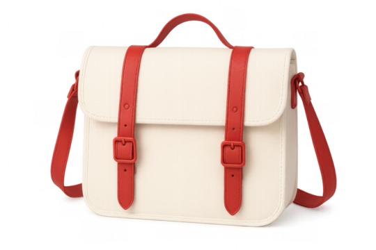 Modern satchel bag with red straps and buckles isolated on a transparent background, ideal for showcasing fashion accessories