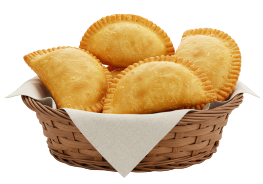 Golden-brown, crispy fried Brazilian pastels with ruffled edges in a rustic wicker basket lined with a light cloth napkin, isolated on a clean white background with copy space, bright studio