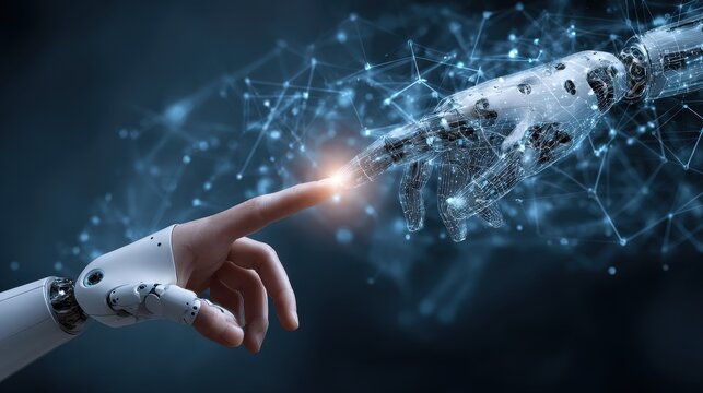 Human fingertip glowing as it touches robotic hand in futuristic AI concept, representing machine learning, big data networks, and the innovation of artificial intelligence in modern digital society. - Powered by Adobe