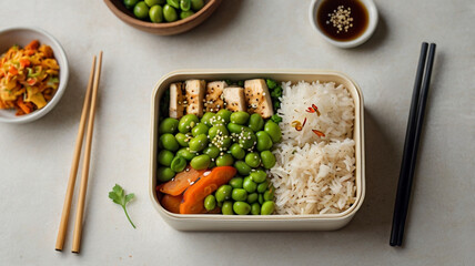 Vegan Bento Box with Rice, Tofu, Edamame, and Vegetables