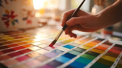 Hand holding paintbrush selecting color from swatch book with shallow depth of field image