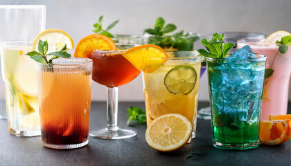 variety of chilled colorful citrus based cocktails mocktails and non alcoholic drinks with fresh lemon orange and mint garnishes