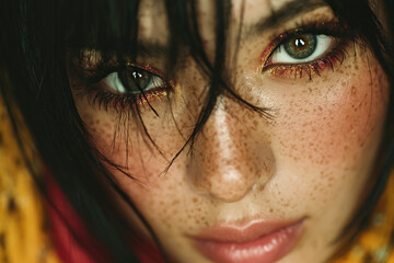 Expressive Close-Up Portrait of Asian Woman with Freckles and Dark Hair
